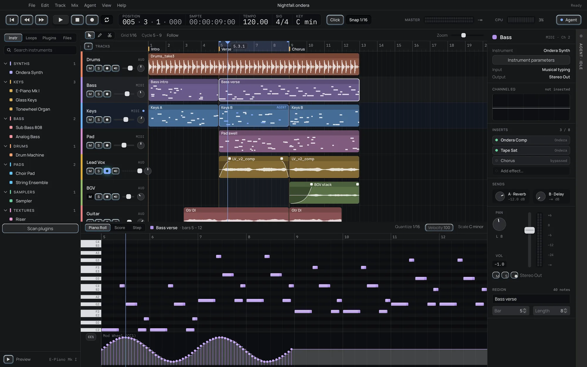 Ondera arrangement window: eight audio and MIDI tracks with waveforms, the piano roll below, browser on the left and channel inspector on the right
