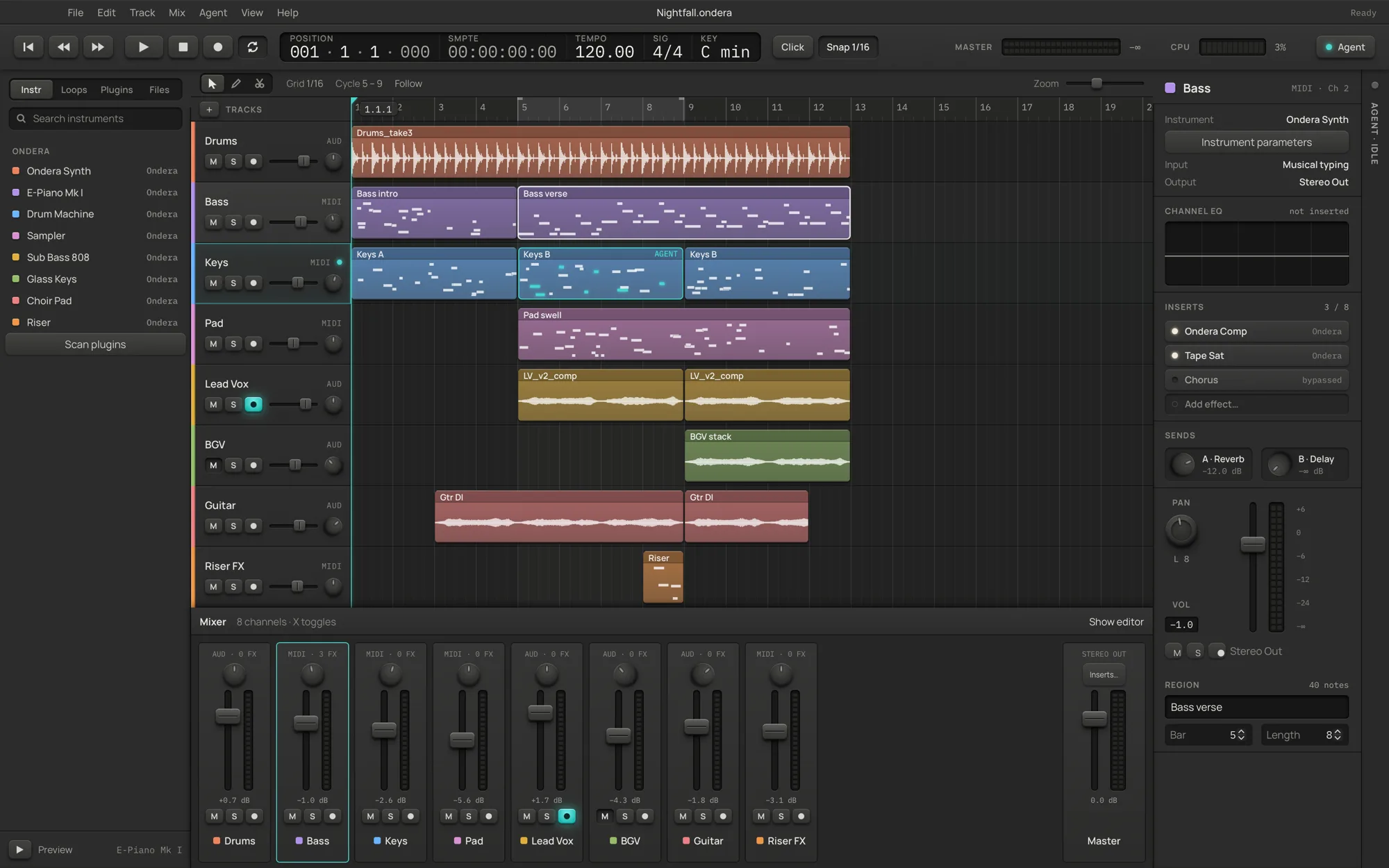 Ondera mixer: one channel strip per track with pan, fader, live meter, mute, solo and record arm, plus the master